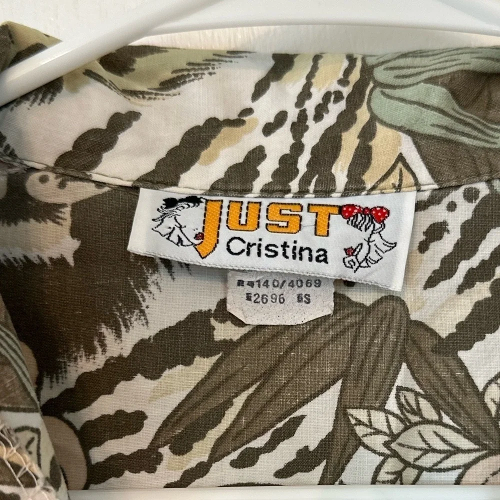 Vtg 80’s Just Cristina Jungle Tiger Print Safari Shirt Crop Button Sz S #1544